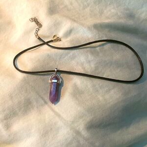 Natural Amethyst Crystal Hexagonal Point Pendant Necklace on Leather Band
